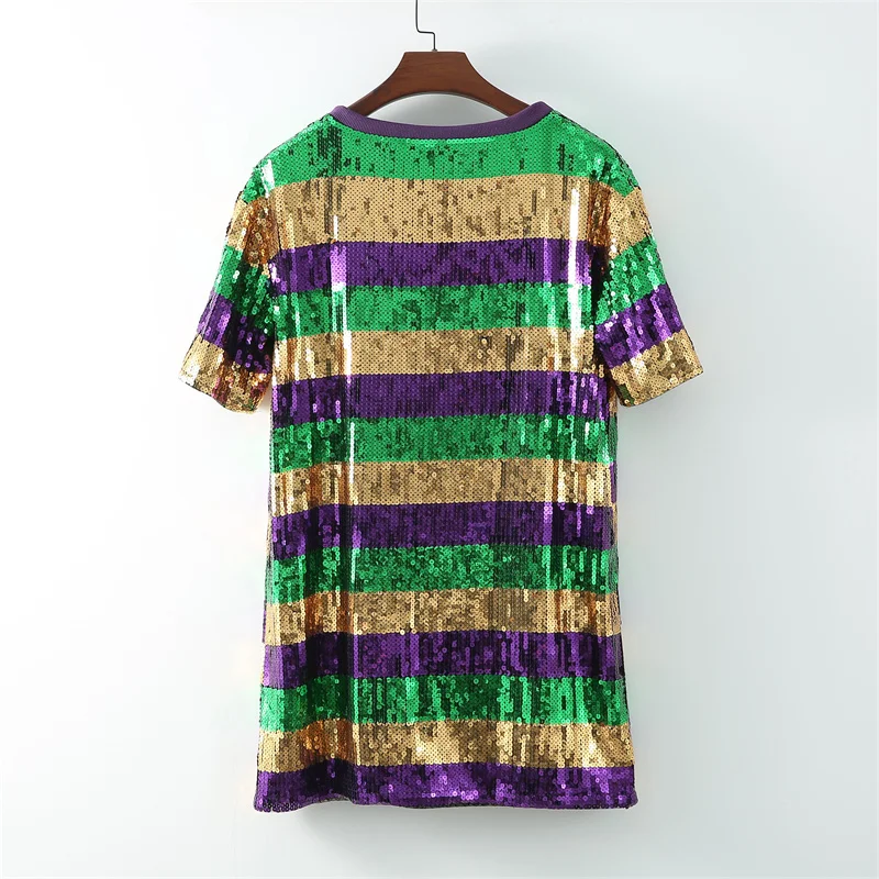 Spring And Summer Sequins Striped Letter Patchwork Short Sleeve T-Shirt Hip Hop Round Neck Straight Night Club Women' Wears