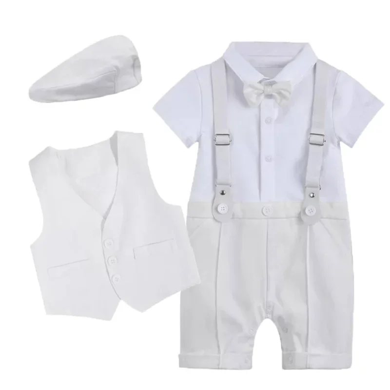 Baby Boy Church battesimo Gentleman pagliaccetto Costume Set tute neonati maschi battesimo vestito neonato cappello gilet