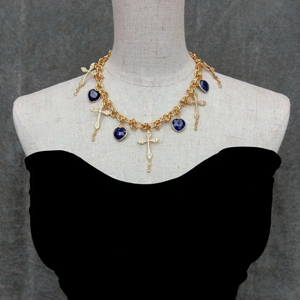 

YYGEM 16mm Blue Lapis Heart Shaped Crucifix Cz Pave Charm Gold Color Plated Chain Necklace