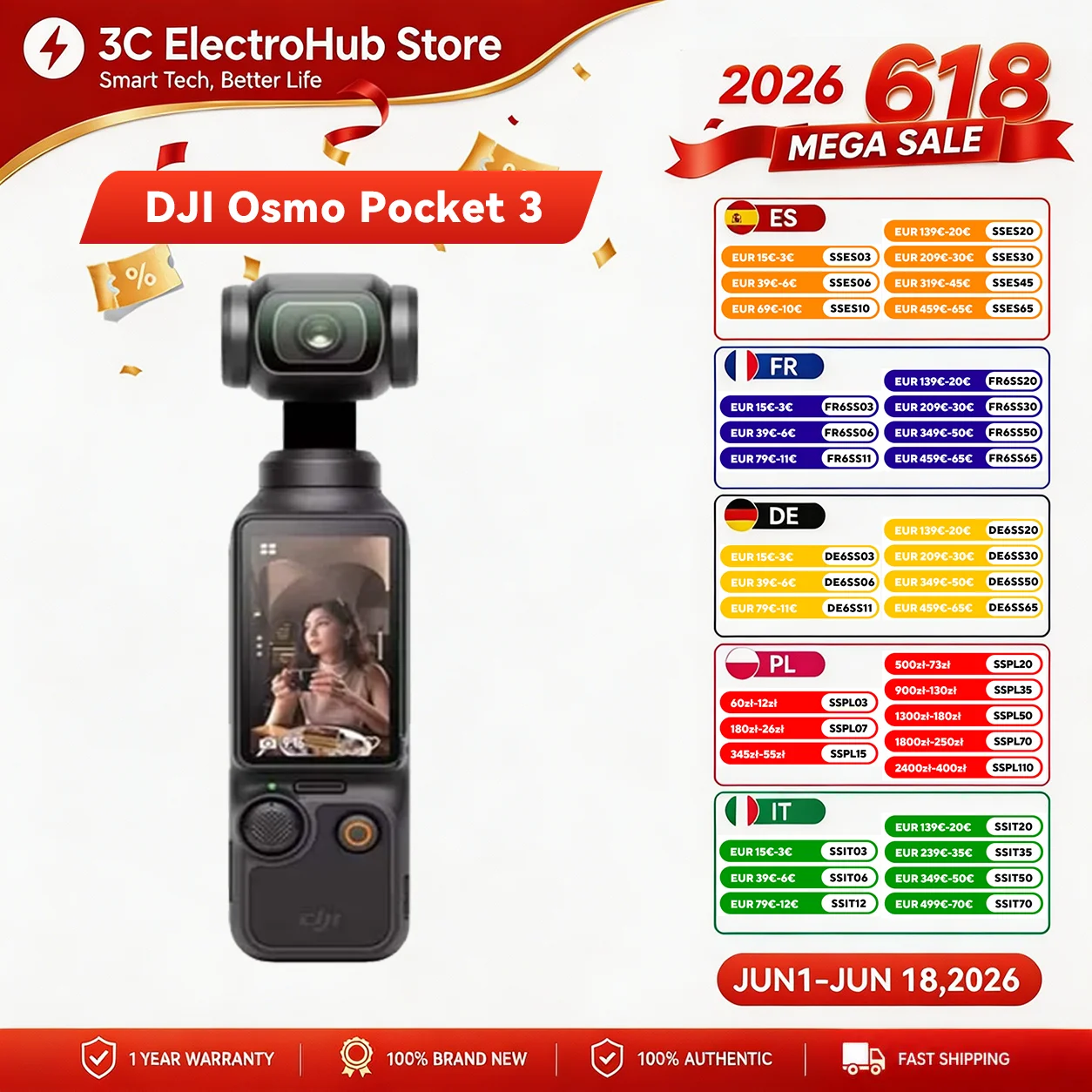 Caméra DJI Osmo Pocket 3, CMOS 1'', vidéo 4K/120 ips, stabilisation 3 axes, écran tactile rotatif 2", petite caméra vidéo