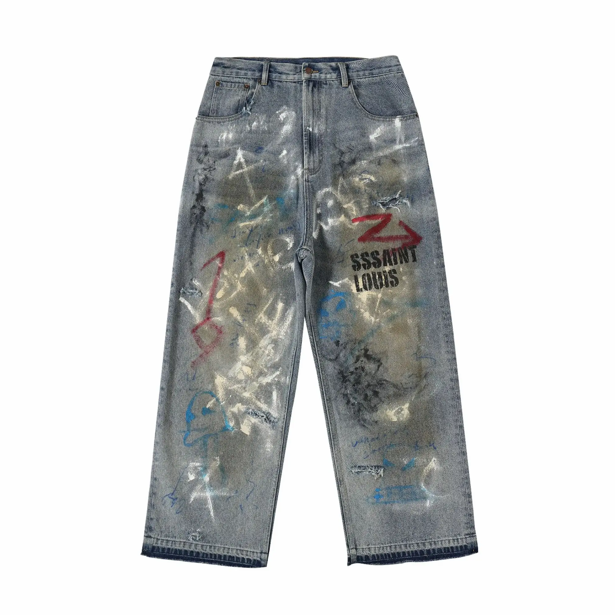 

Высококачественные широкие свободные прямые брюки с граффити, модные универсальные брюки, американские уличные джинсы в стиле ретро в стиле хип-хоп