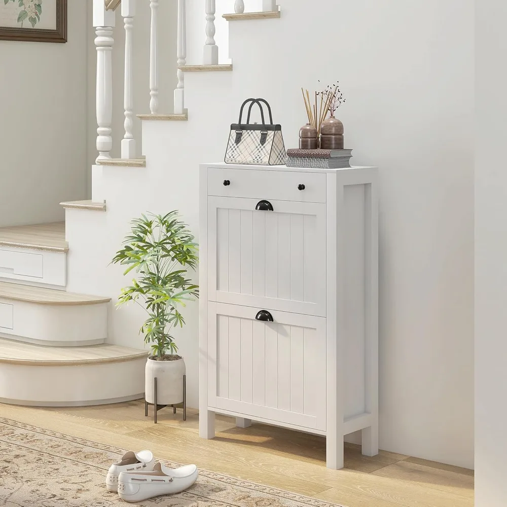 Shoe cabinet, freestanding shoe locker with 2 flip-out drawers, adjustable shelves, top drawer for entrance or hallway