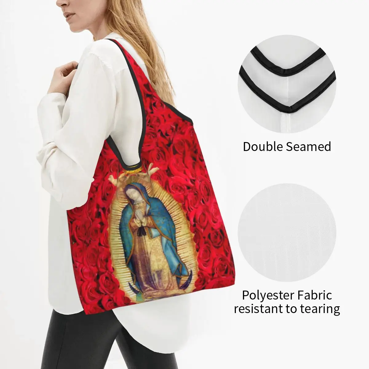 Fashion Guadalupe Virgin Mary With Flowers Shopping Tote Bags Portable Catholic Grocery Shoulder Shopper Bag