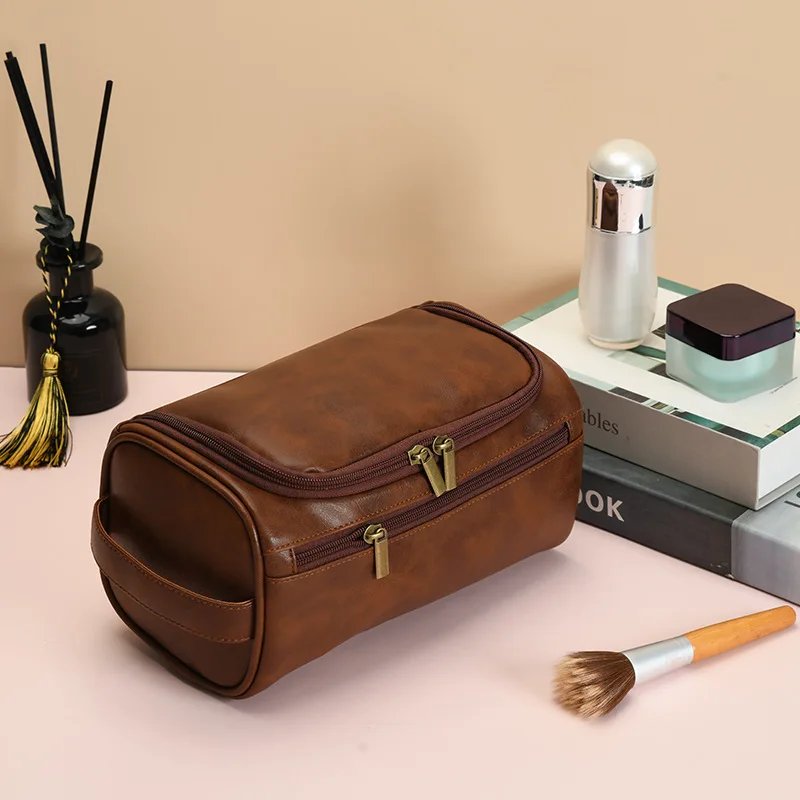Tas Perlengkapan Mandi Kulit PU untuk Pria Wanita, Tas Perlengkapan Mandi Gantung Pria, Tas Perlengkapan Mandi untuk Perjalanan, Tas Kosmetik Besar untuk Bepergian ﻿