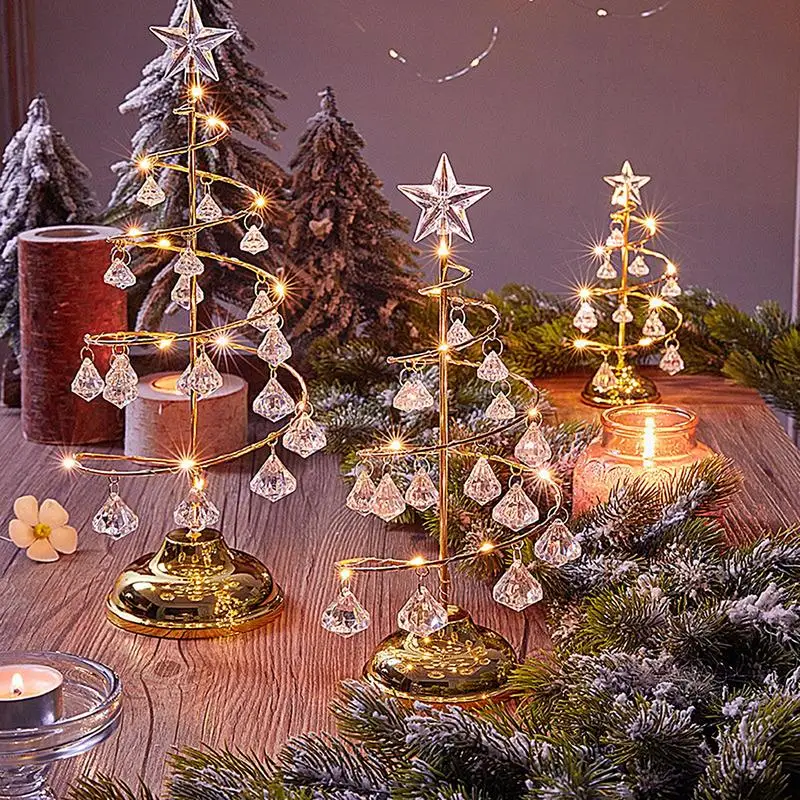 Christmas Tree Crystal Lamp Rotating Glitter Christmas Tree Desk Ornament Electroplating Iron Art Desk Ornament Lights For Kids