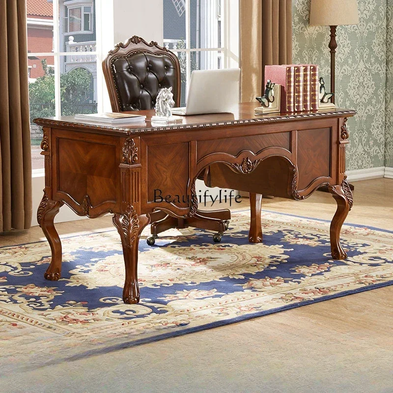 

American-Style Solid Wood Desk European-Style Vintage Engraving Desk