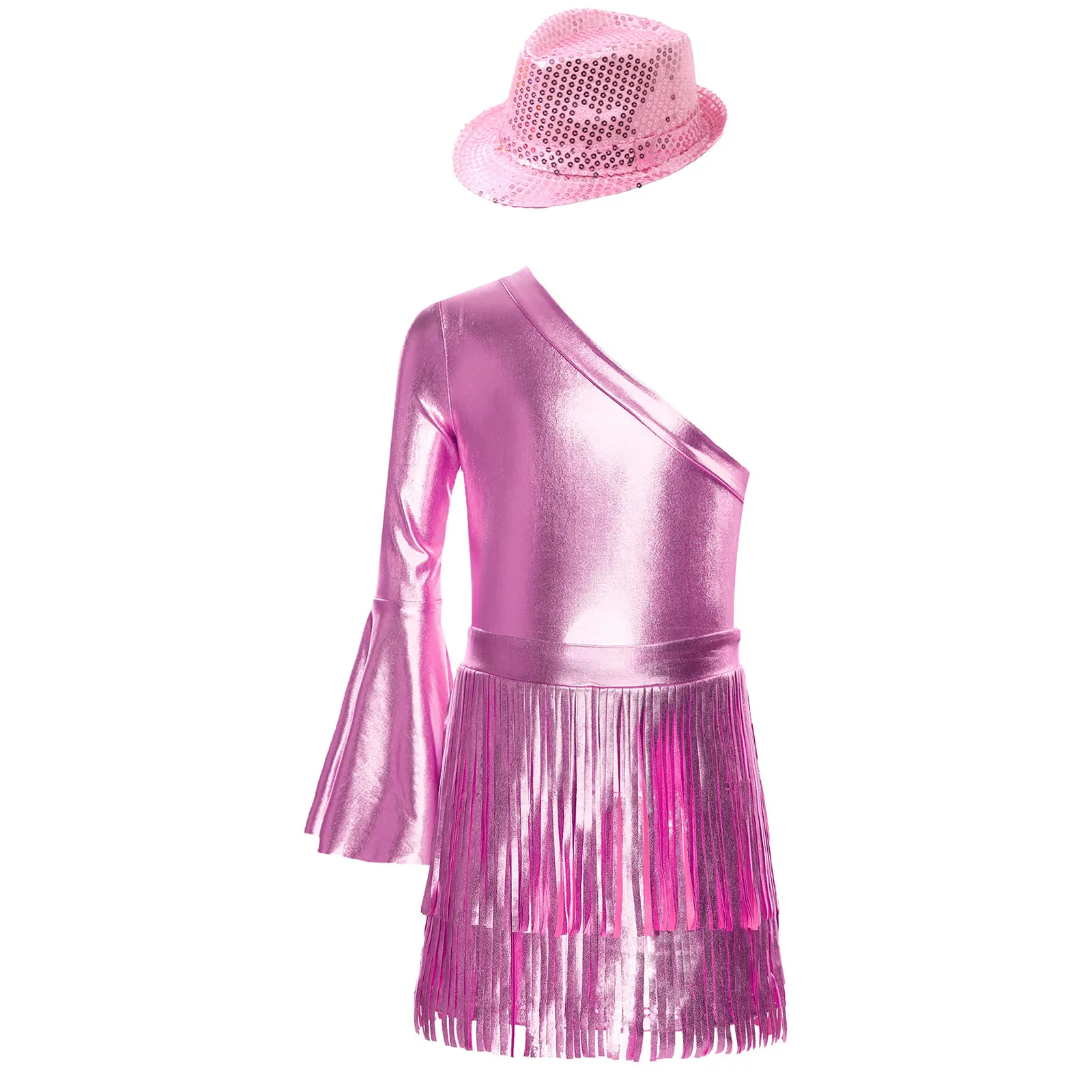 Kids Girls 70s 80s Disco Costume Jazz Hippie Dance Outfit Metallic Glossy Jumpsuit Bodysuit with Fringed Skirt Sparkly Dancewear