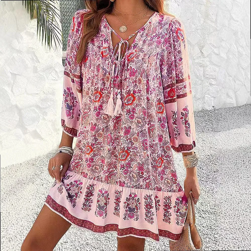 Bohemian Printed Dress V Neck Summer Spring Floral Maxi Dresses Women Vacation Boho Shirt Blouse Top