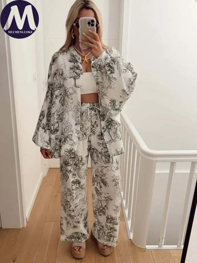 2 Pieces Set for Woman Summer Autumn New Casual Printed Long Sleeved Shirt Tops  Suits Fashionable Loose Wide Leg Pants Sets