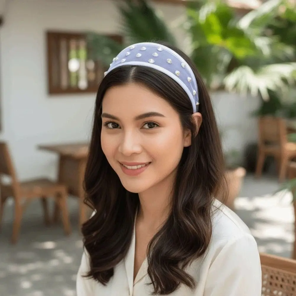 

Headwear Mesh Pearls Headband Beads Creative Rhinestone Wide Hair Hoop Solid Color Waterproof Black White Hairband Daily