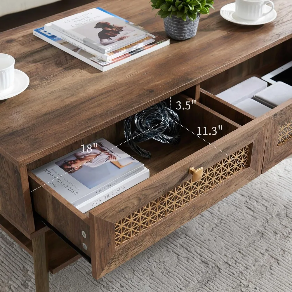 木製ミッドセンチュリーモダンコーヒーテーブル、リビングルーム用の引き出し2つ付き長方形コーヒーテーブル、素朴なオーク