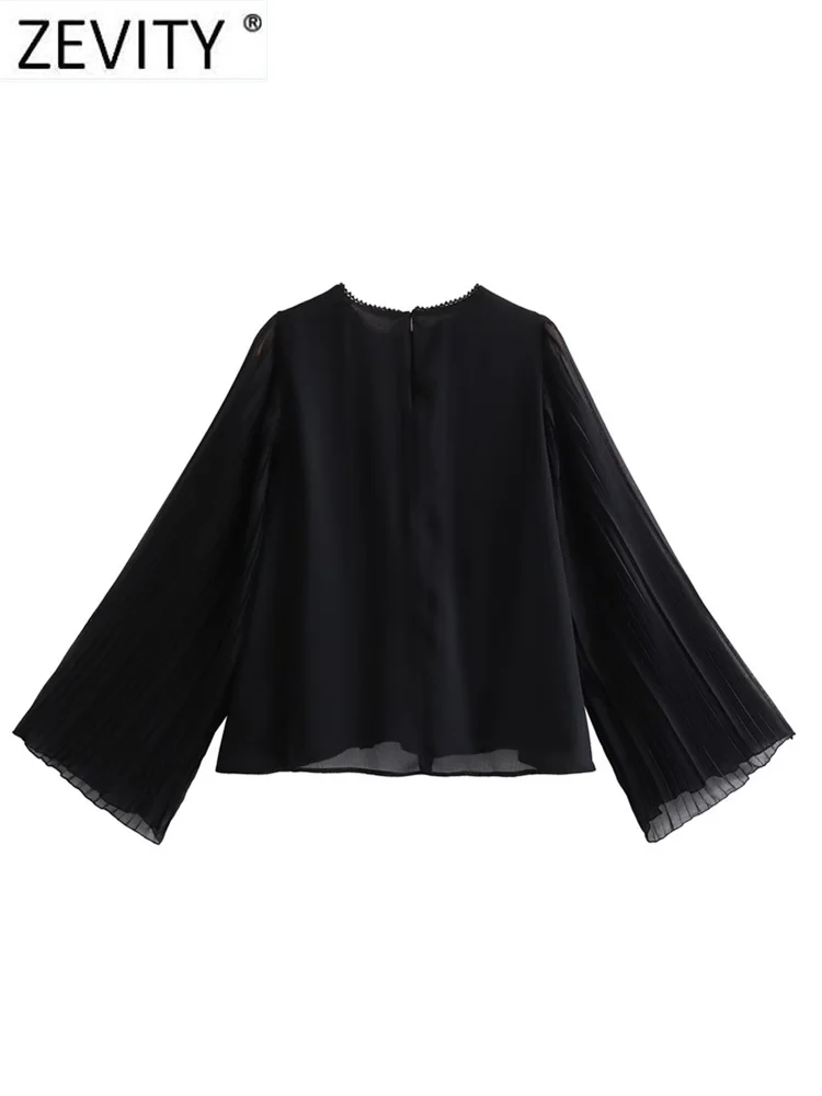 Zevity New Women Fashion Beading O Neck Pleated Long Sleeve Patchwork Chiffon Smock Blouse Female Shirt Blusas Chic Tops LS5704