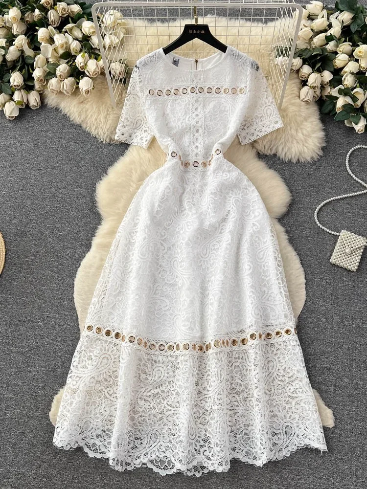 

2023 Summer French Lace Dress Women Fashion Spliced Hollow Metal Ring Buckle Elegant White Dresses Ladies Vintage Party Dress