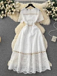 2023 Summer French Lace Dress Women Fashion Spliced Hollow Metal Ring Buckle Elegant White Dresses Ladies Vintage Party Dress