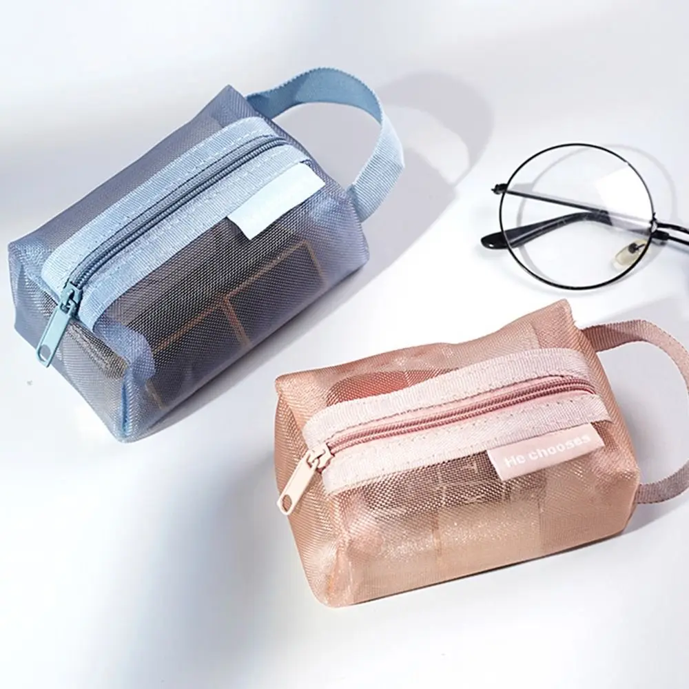 Mesh Cosmetic Bag with Handle Transparent Make Up Handbag Travel Toiletry Storage Bag Simple Portable Wash Pouch