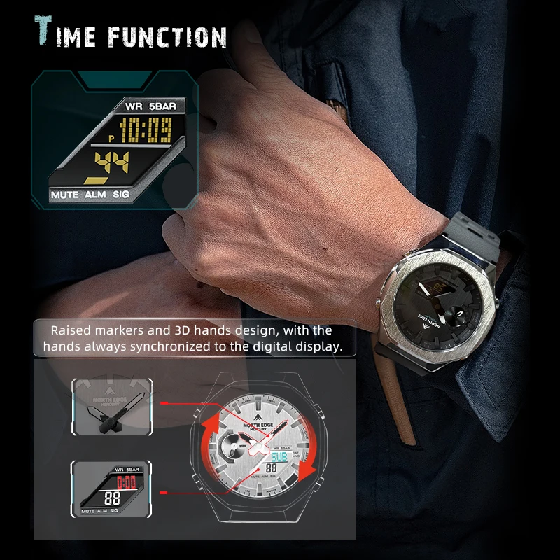 NORTH EDGE MERCURY Men's Military Digital Watch Stopwatch 50M Waterproof Sports Dual Display Electronic Watch Gift Reloj Hombre