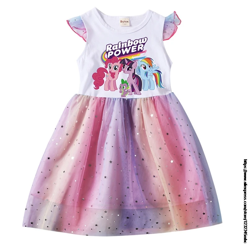 New Girls Mid-length Dress Flying Sleeves Round Neck My Little Baby girl pony Summer Dress Net Gauze Princess Dress