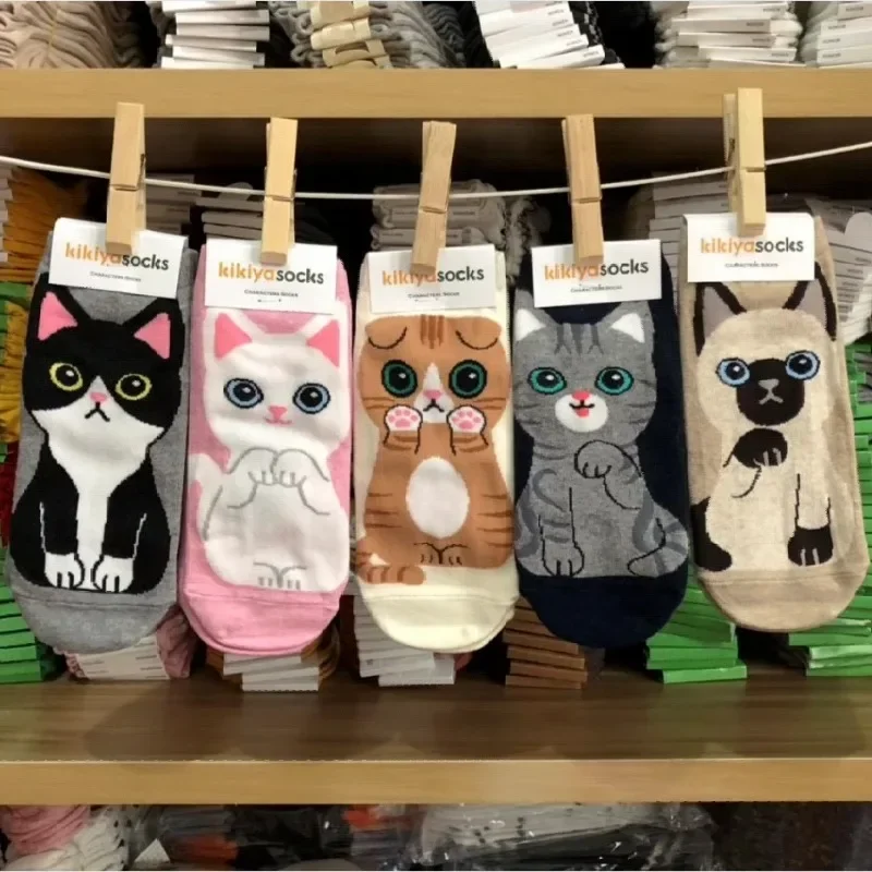 5Pairs INS Style Harajuku Kawaii Soft Cute Cat Dog Boat Socks Korean Cartoon Comfort Breathable Odorless Pure Cotton Socks Women