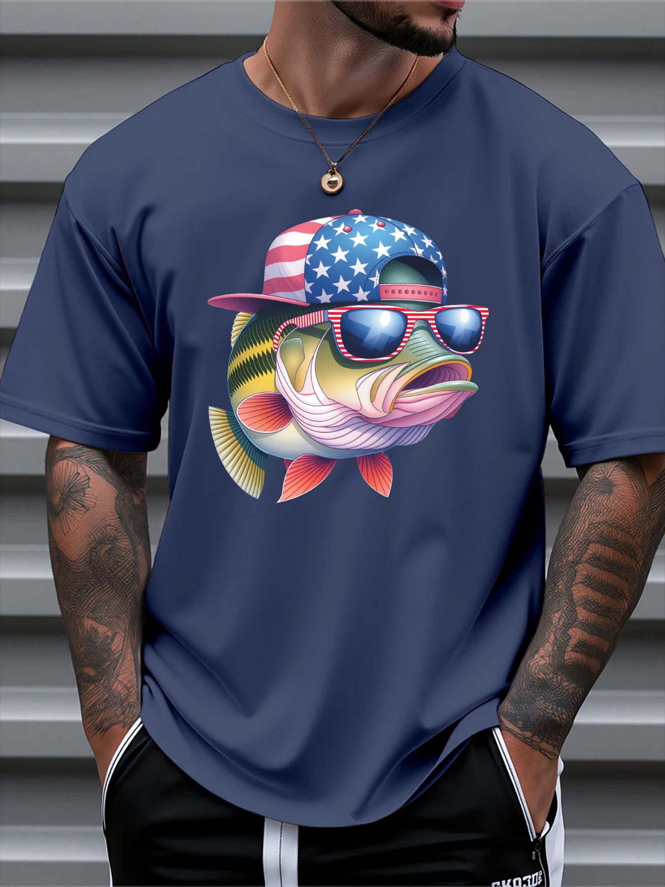 

T Shirt For Man 100% Cotton Summer Patriotic fish Print Casual Slim Fit Round Neck Short Sleeved T-shirt Top