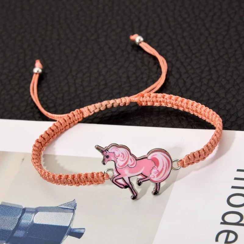 12Pcs/Lot Animal Unicorn Horse Charm Bracelets For Women Kids Handmade Colorful Braided Rope Adjustable Wristband Female Jewelry