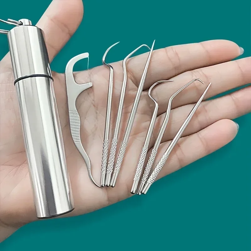 Juego de palillos de dientes de acero inoxidable, palillos de dientes reutilizables, herramienta de eliminación de sarro, limpiador de dientes portátil para limpieza bucal