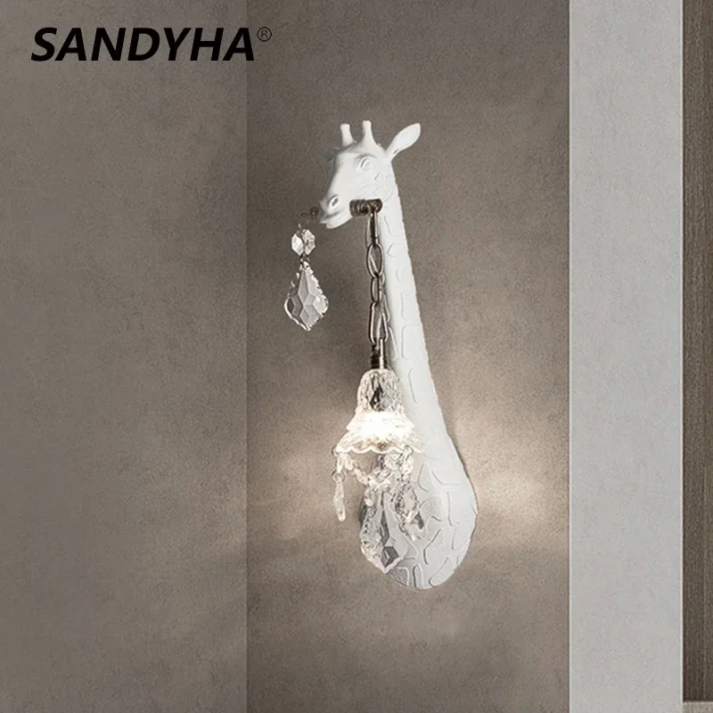 

SANDYHA Giraffe Resin Led Wall Lamp for Bedroom Bedside Living Room Lamp Designer Luxury Crystal Aisle Light Home Decor Fixtures