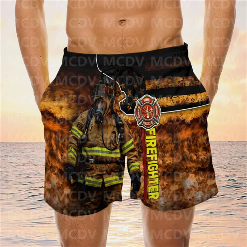 Funny Firefighter Horse Swim Trunks Beach Shorts Men\'s wim Shorts