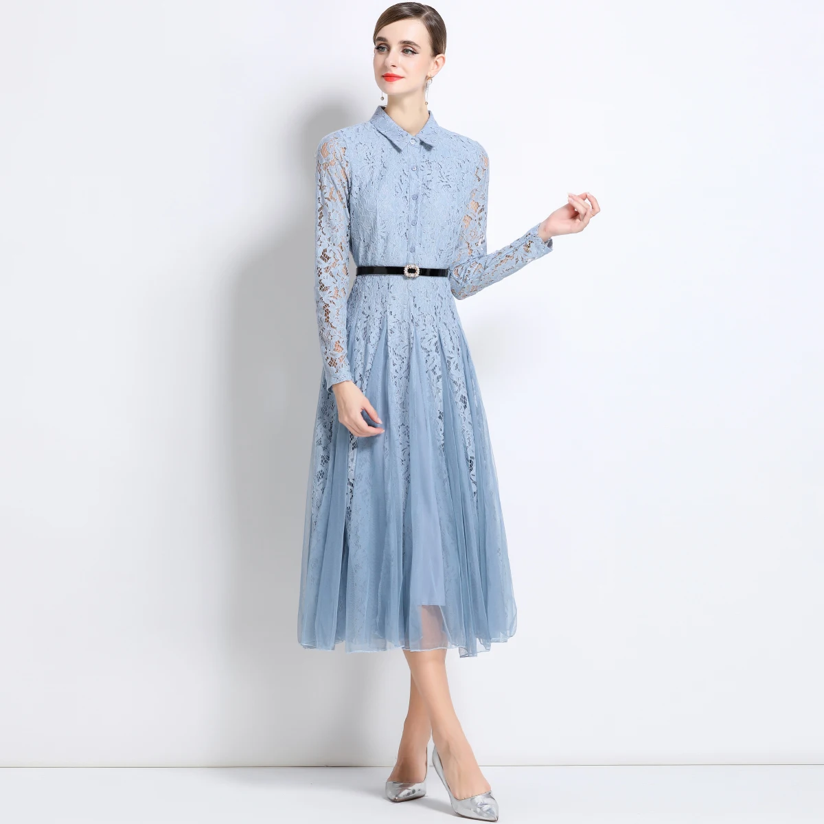 Sukienka damska na wiosnę i lato, z haftem kwiatowym, na wybieg, wieczorowa, na studniówkę, koronkowa, z kołnierzykiem, długim rękawem, paskiem, świąteczna, midi, długa, vestido.