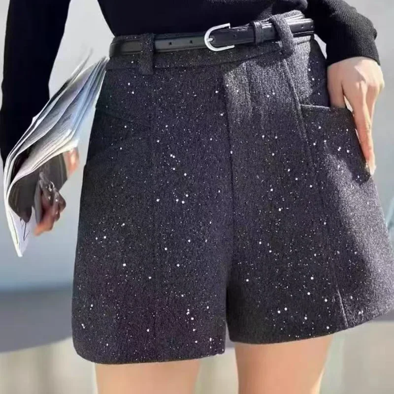 Outono e inverno novos shorts casuais para mulheres emagrecimento e emagrecimento pernas largas ligeiramente elástico e engrossado todos os jogos