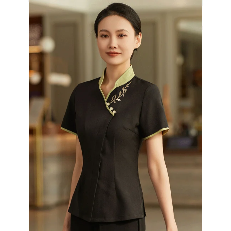 Uniforme de trabajo de camarero para casa de té, ropa de trabajo de manga corta para mujer, Catering, Hotel, restaurante chino, olla caliente, restaurante, ropa de trabajo de verano