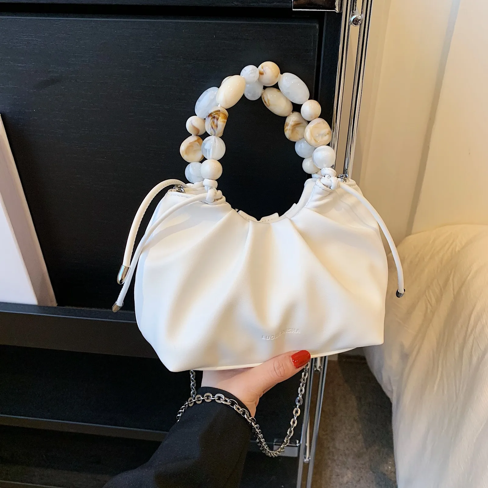 

2025 Pearl Embellished Handbag Womens Textured Shoulder Purse Minimalist Crossbody Tote Elegant Wrinkled Leather Clutch