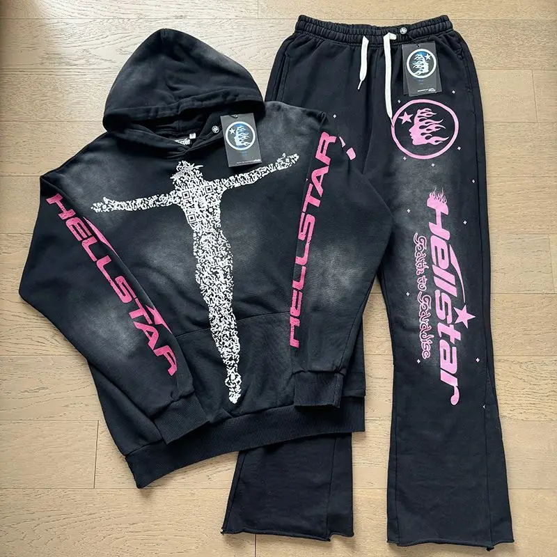 Conjunto Casual de Pantalones y Sudadera con Capucha Estampada Lavada Hellstar, Estilo Americano Vintage, Unisex, para Hombre y Mujer, Ropa Urbana Holgada, Retro, 2 Piezas