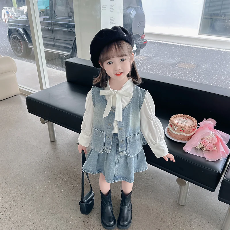 

baby Girls skirt clothes set denim vest+white shirt+Pleated skirt 3pcs toddlers kids suit childre outfits 2-10 bebe fille roupas