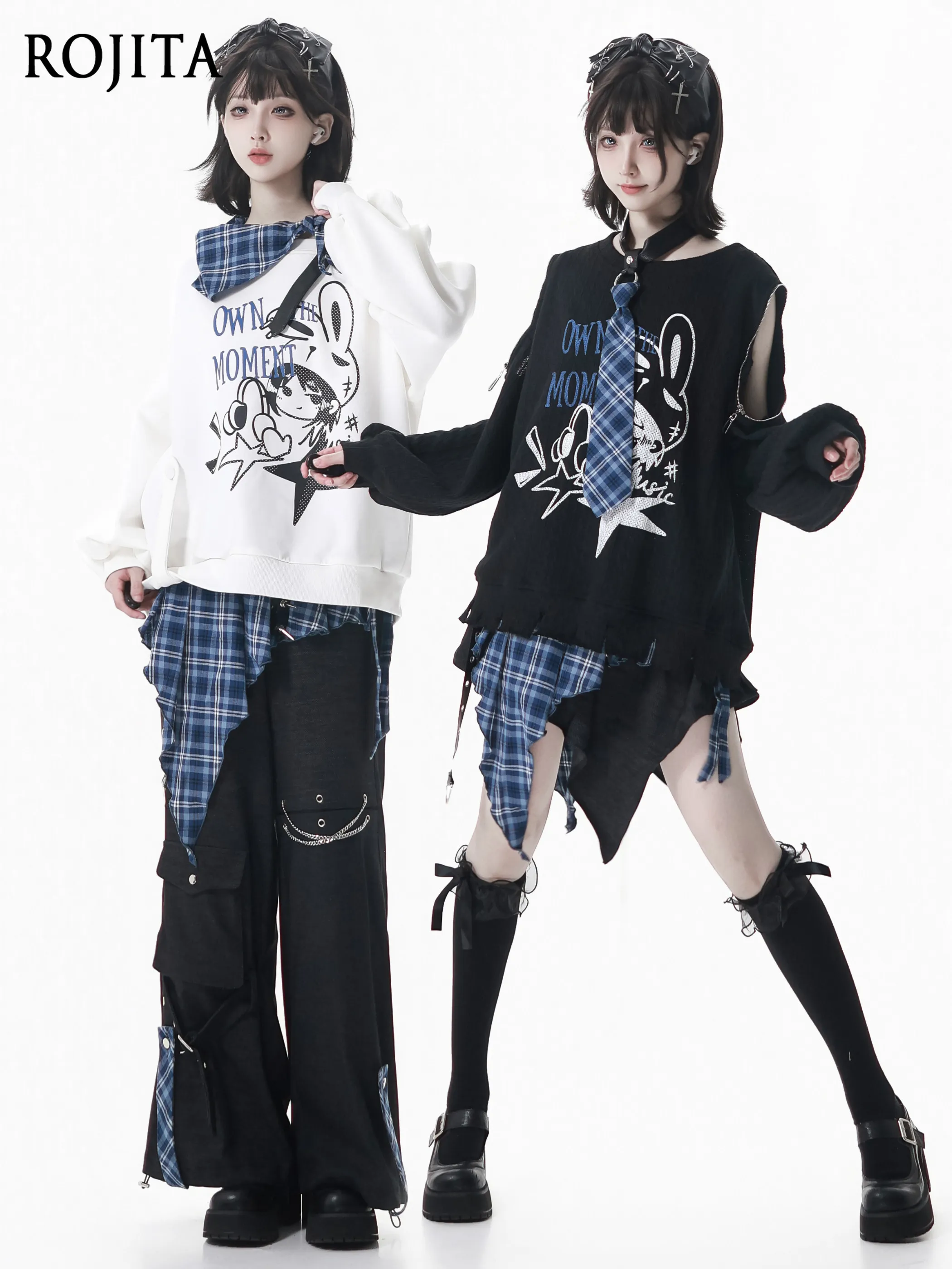 

Blue Plaid Playful Color-blocking Casual Slim-fit Asymmetrical Skirt Off-shoulder Printed Top Tie Sweatshirt Black Pants