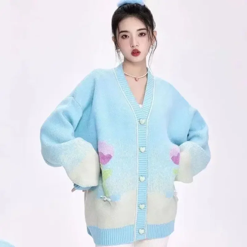 الحلو ولطيف نمط فتاة حار زهرة القوس الخامس الرقبة محبوك سترة المرأة الخريف والشتاء العصرية المرأة سترة فضفاضة