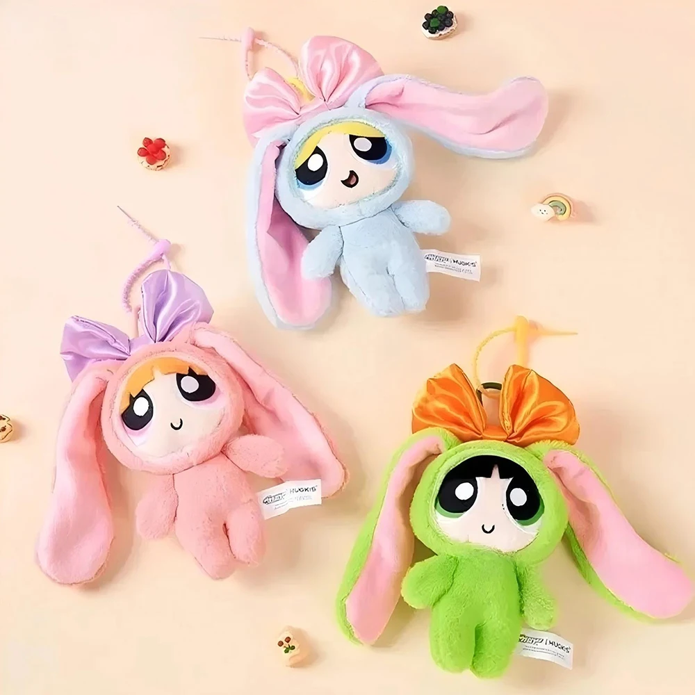 Genuine Powerpuff Girls Dress Up Bunny Rabbit Plush Stuffed Toys 12cm Cute Bow Tie Plushies Doll Bag Decoration Girls Gifts Toys