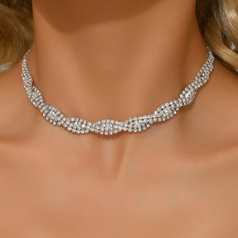 

European and American Cross-Border Twisted Braided Cross Necklace Full Diamond Choker Jewelry Accessories for Weddings, Banquets