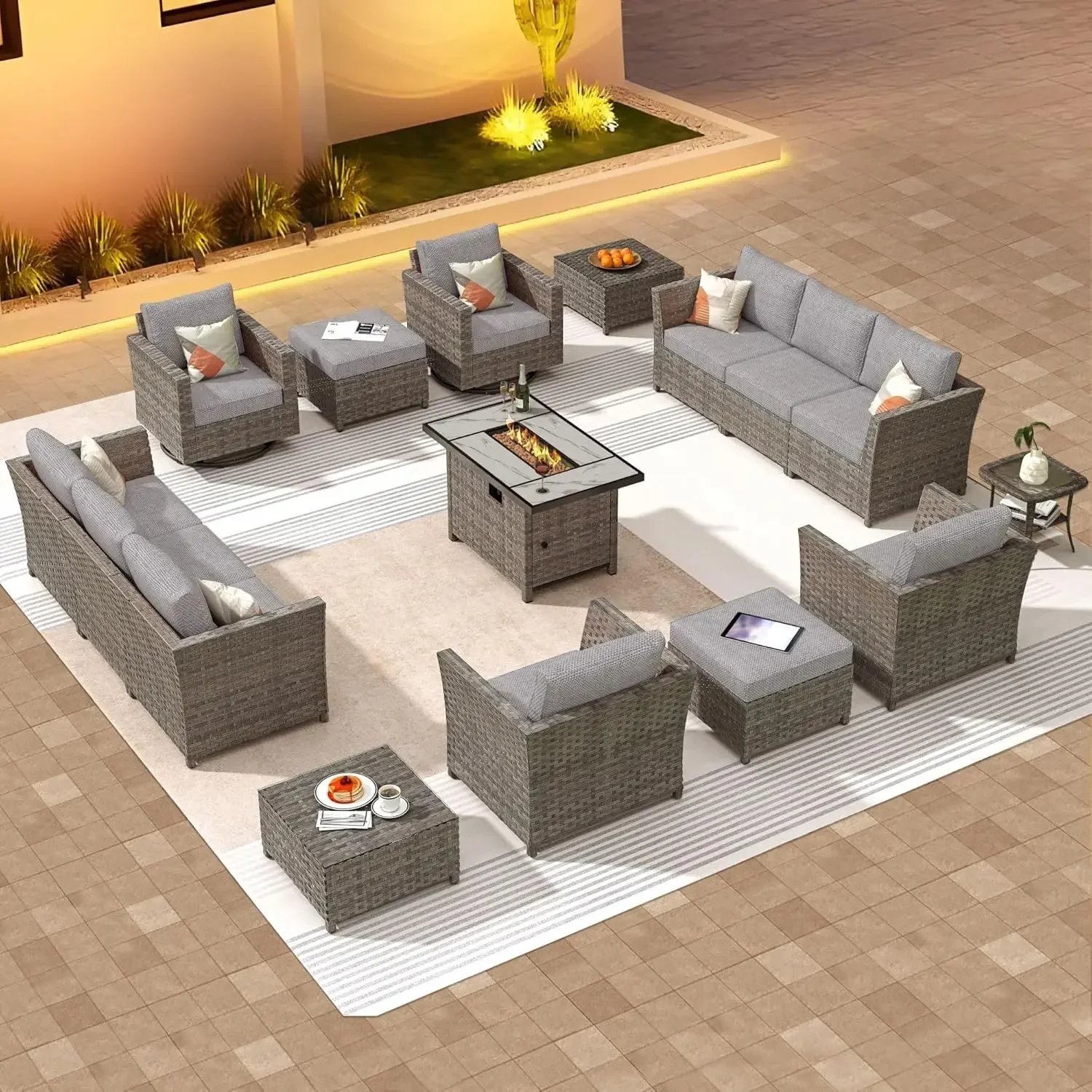 Patio Furniture Set with Fire Pit Table,Outdoor Rattan Wicker Coversation Set with Comfy Seating, Sectional Chairs