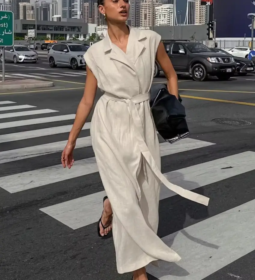 

WXOY Women Beige Cotton Linen Sleeveless Dress Waist Belted Elegant Summer City Vacation Dresses