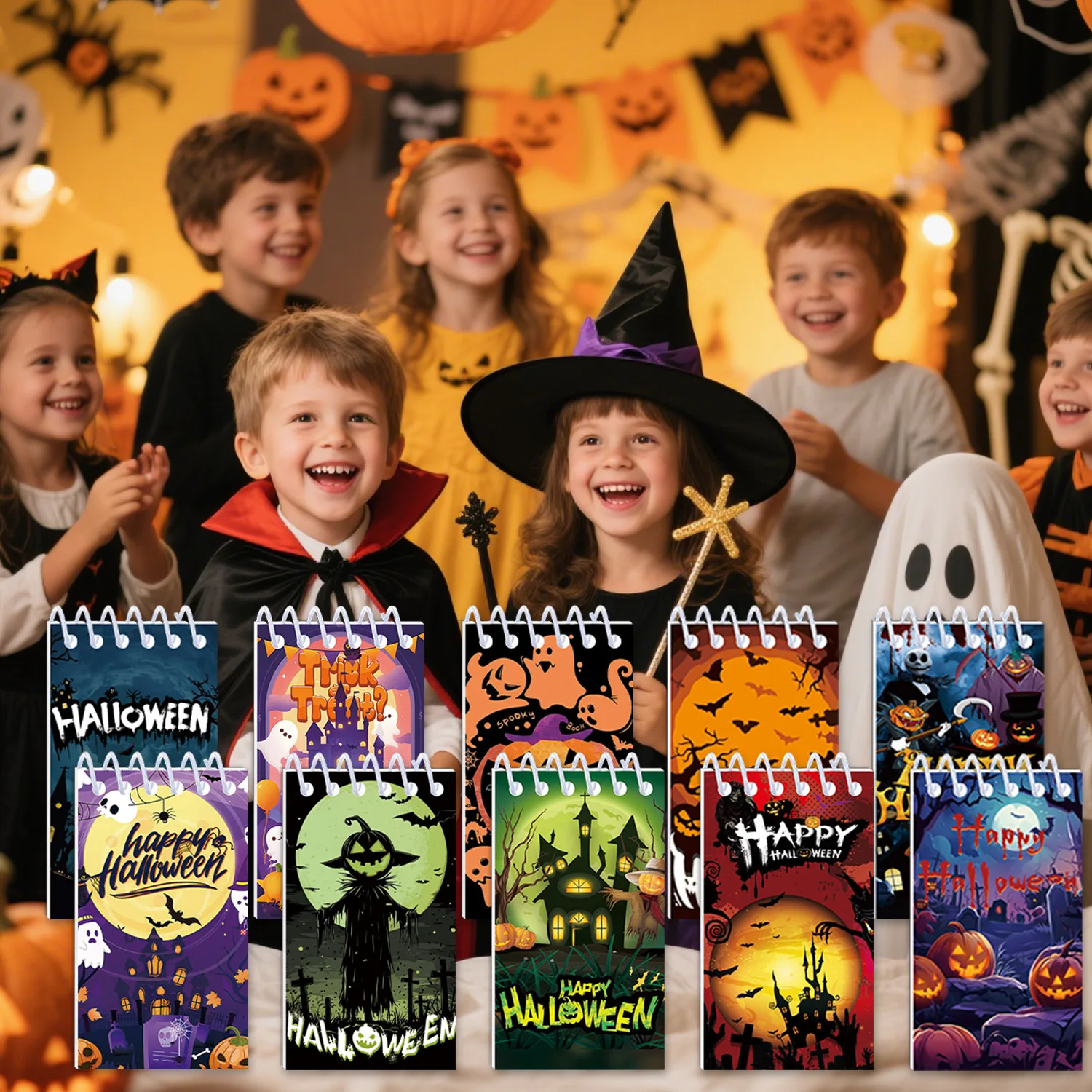 10 pçs halloween mini blocos de notas férias mini espiral notebooks abóbora fantasma casa assombrada padrão para crianças festa de halloween