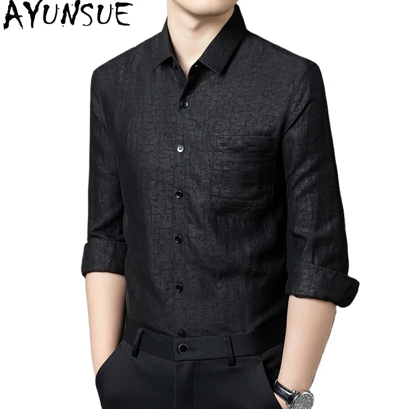 

AYUNSUE 92.5%Real Mulberry Silk Shirts for Man High Quality Silk Tops Casual Long Sleeve Shirts Men Clothing Fashion Black Shirt