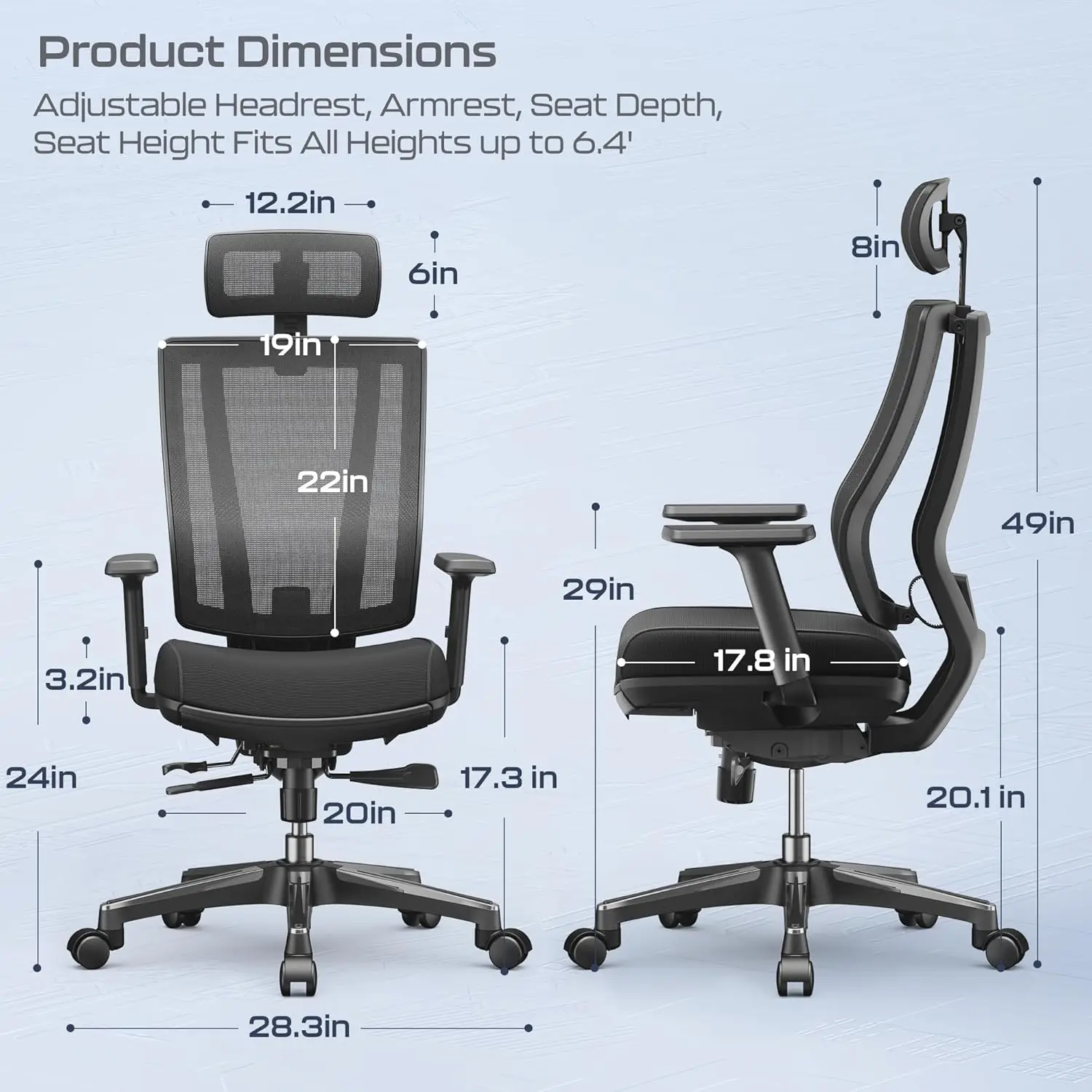 Ergonomic Office Chair for Back Pain Relief and Long Sitting, 400LB Capacity, Big & Tall Home Desk Chair with 17.8in Max Seat De