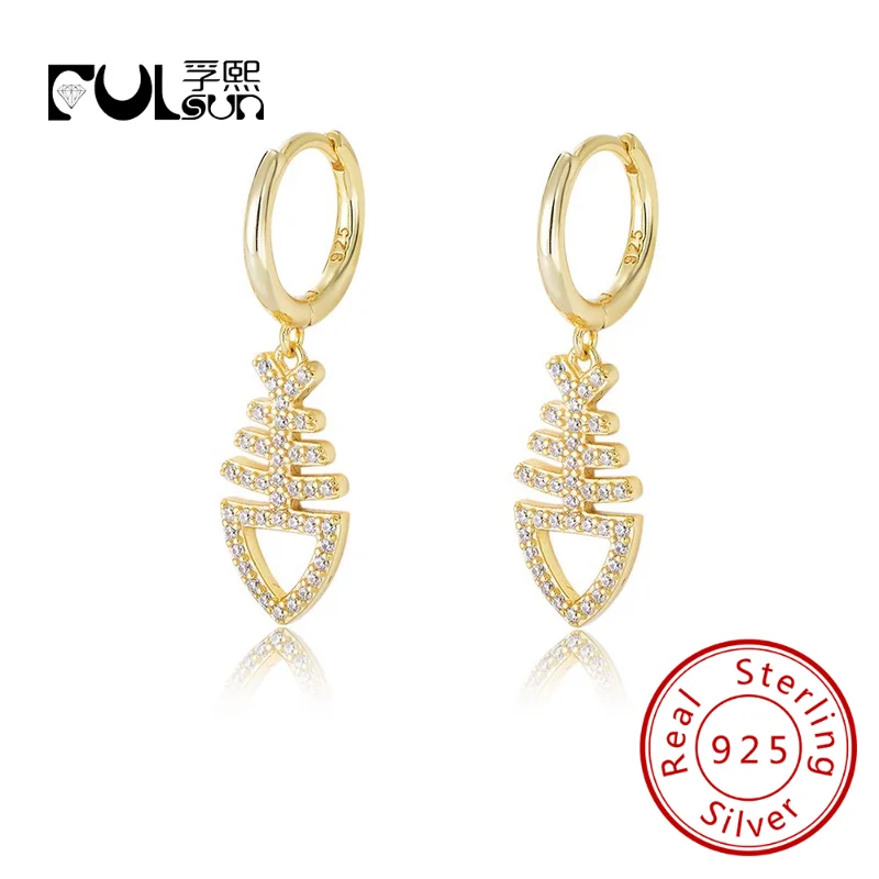 Gold Vermeil Hoop Fishbone Huggie Earrings fulsun TRENDY 925 Sterling silver earrings for party