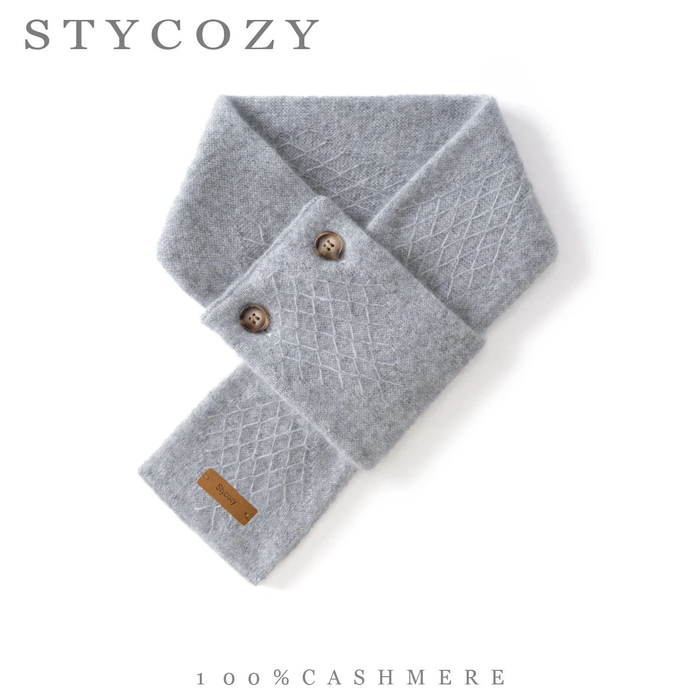 100% Cashmere Unisex Short Solid Knitted Scarf Diamond Hollow Double Buttons Neck Warmer Elegant Winter Warm Neck Accessory