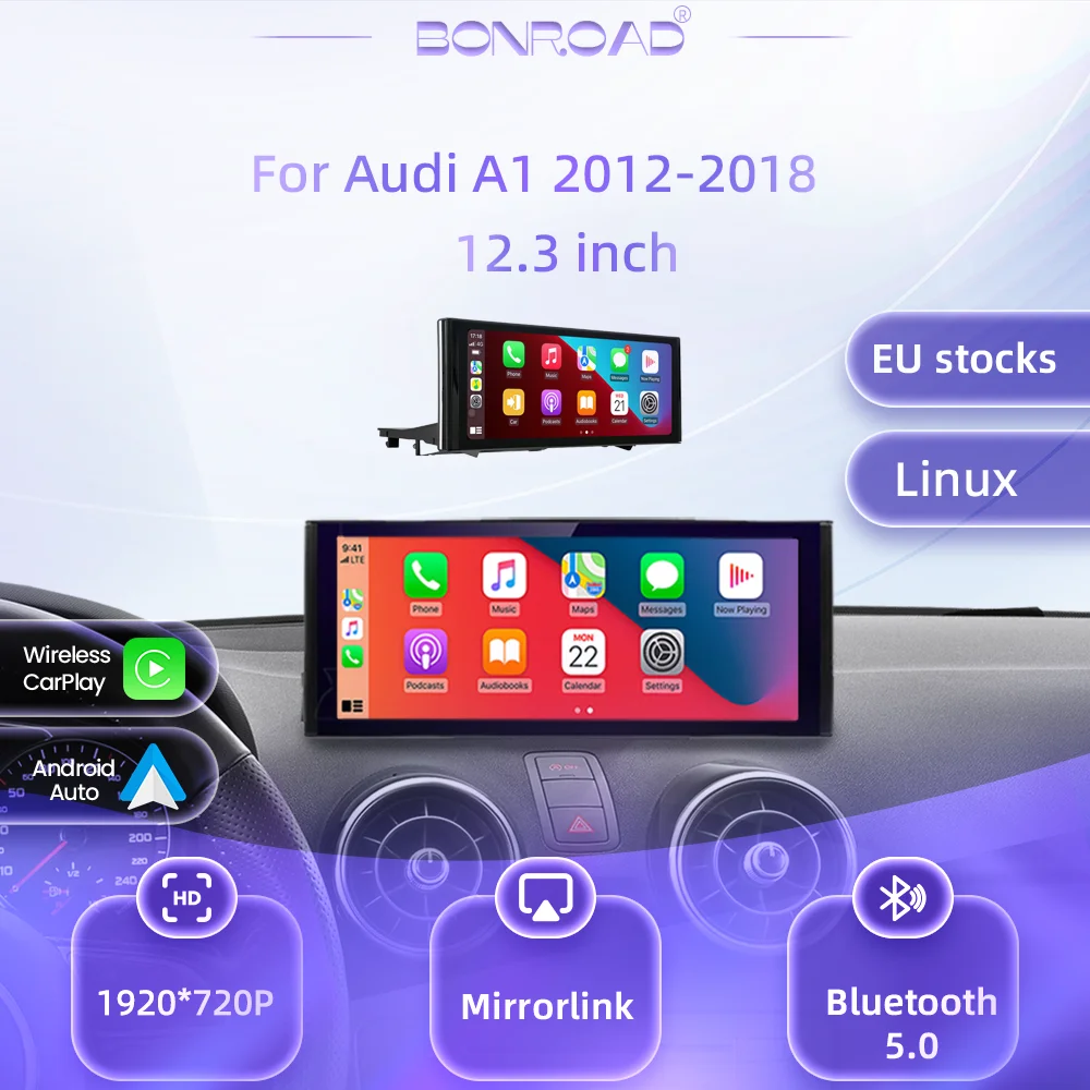 Schermo multimediale Linux da 12,3" Bonroad per Audi A1 2012-2018 con Apple Carplay wireless, Android Auto, Airplay, Radio, Mirror Airplay, Autolink