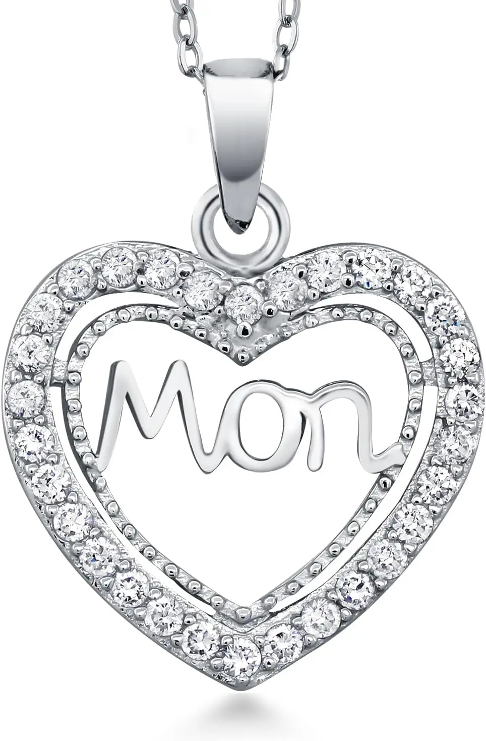 Gem Stone King Heart Shape MOM Pendant Necklace For Women In 925 Sterling Silver with White Cubic Zirconia CZ| 18MM = 0.70 Inch| 0.70 Cttw| With 18 Inches Chain
