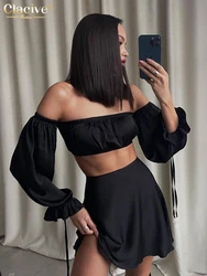 Clacive Sexy Slim Black Satin 2 Piece Sets Women Outfit Summer Slash Neck Long Sleeve Crop Top With High Waist Mini Skirts Set