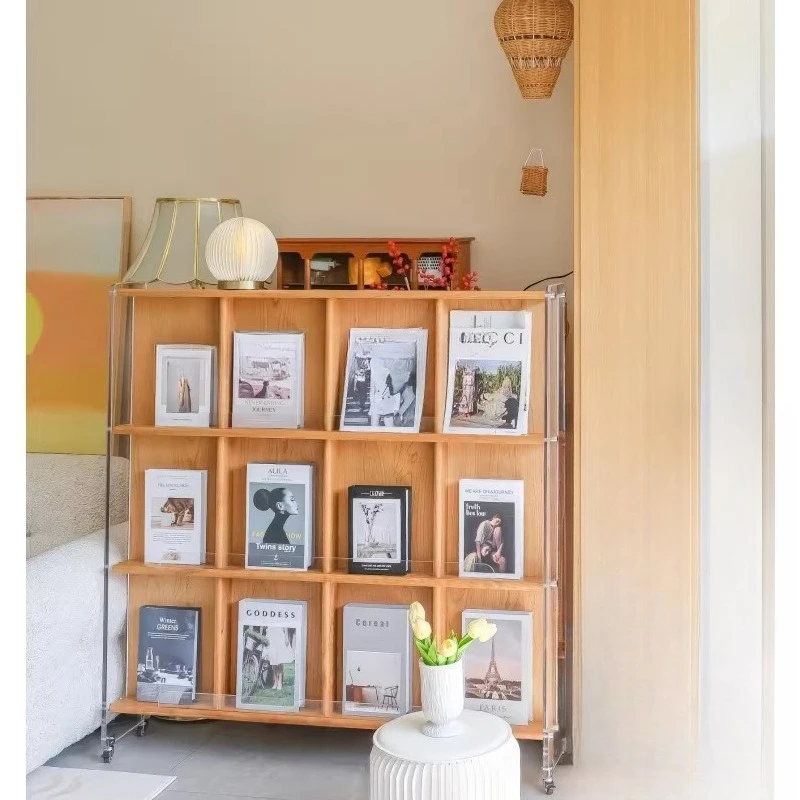 Living room newspaper storage rack Nordic retro removable floor bookshelf Reading display rack