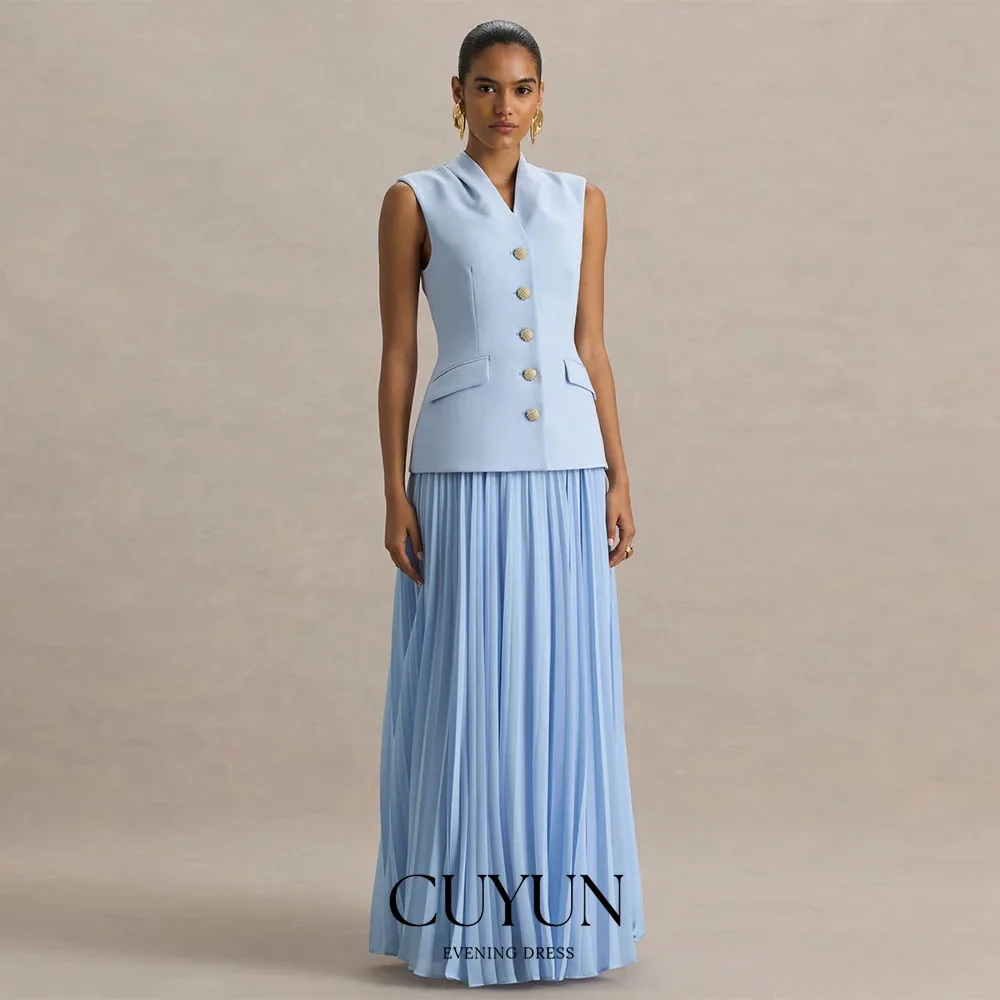 CUYUN Abito da sera personalizzato chic azzurro cielo con scollo a V senza maniche giacca monopetto pieghettato lungo abito da ballo cena festa