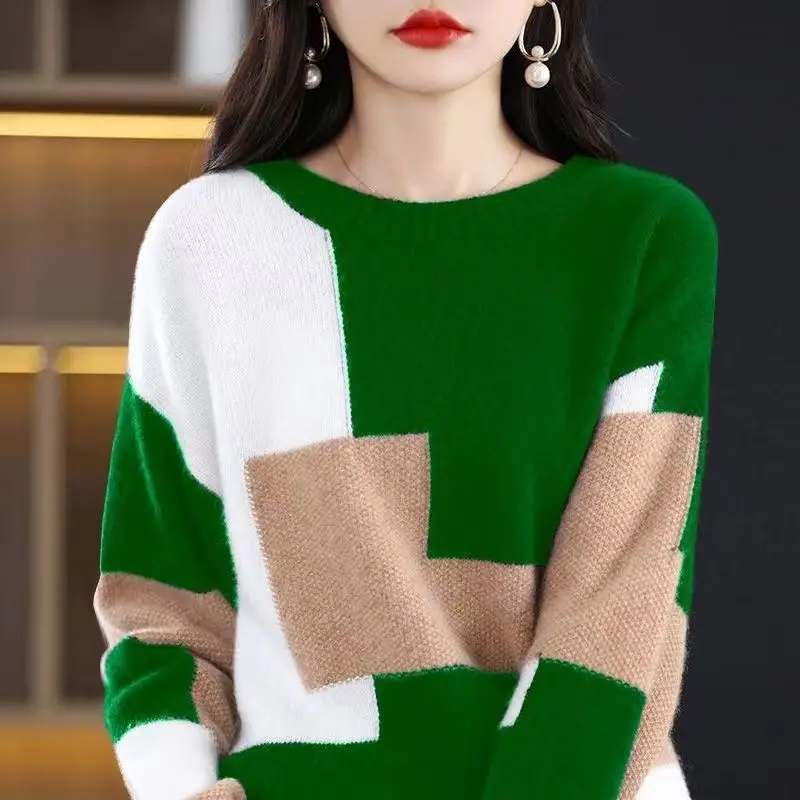 Simplicity Color Contrast Fashion Knitting Sweaters Women New Classic Long Sleeve O-collar All-match Keep Warm Autumn Winter Top